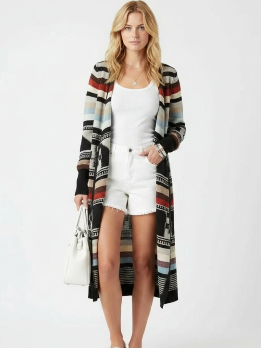 Free People Multi Color Aztec Tribal Print Knit Open Front Duster Sweater M - Picture 6 of 8